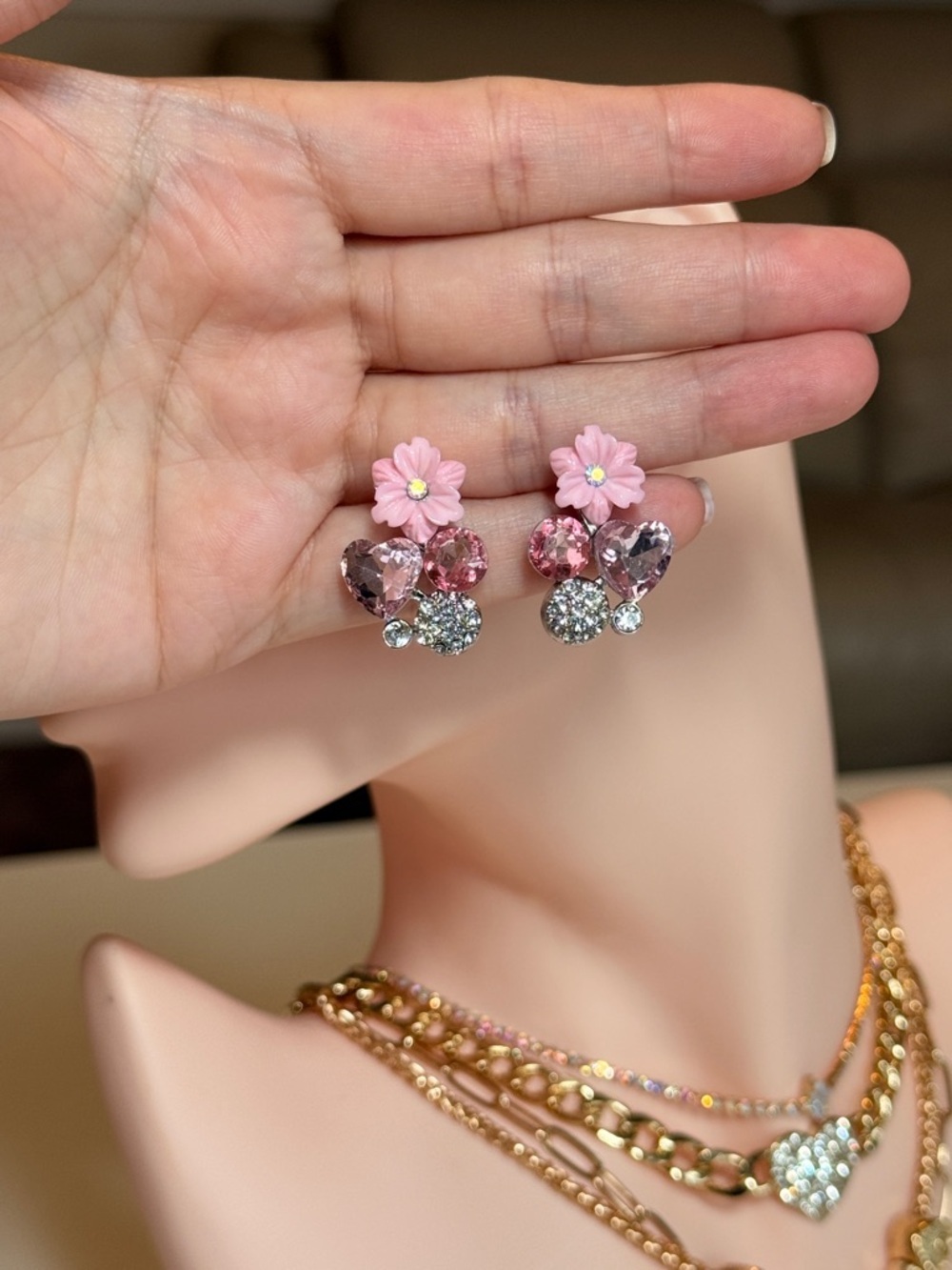 Pink Flower Cluster Crystal Stud Earrings - Picture 11 of 12